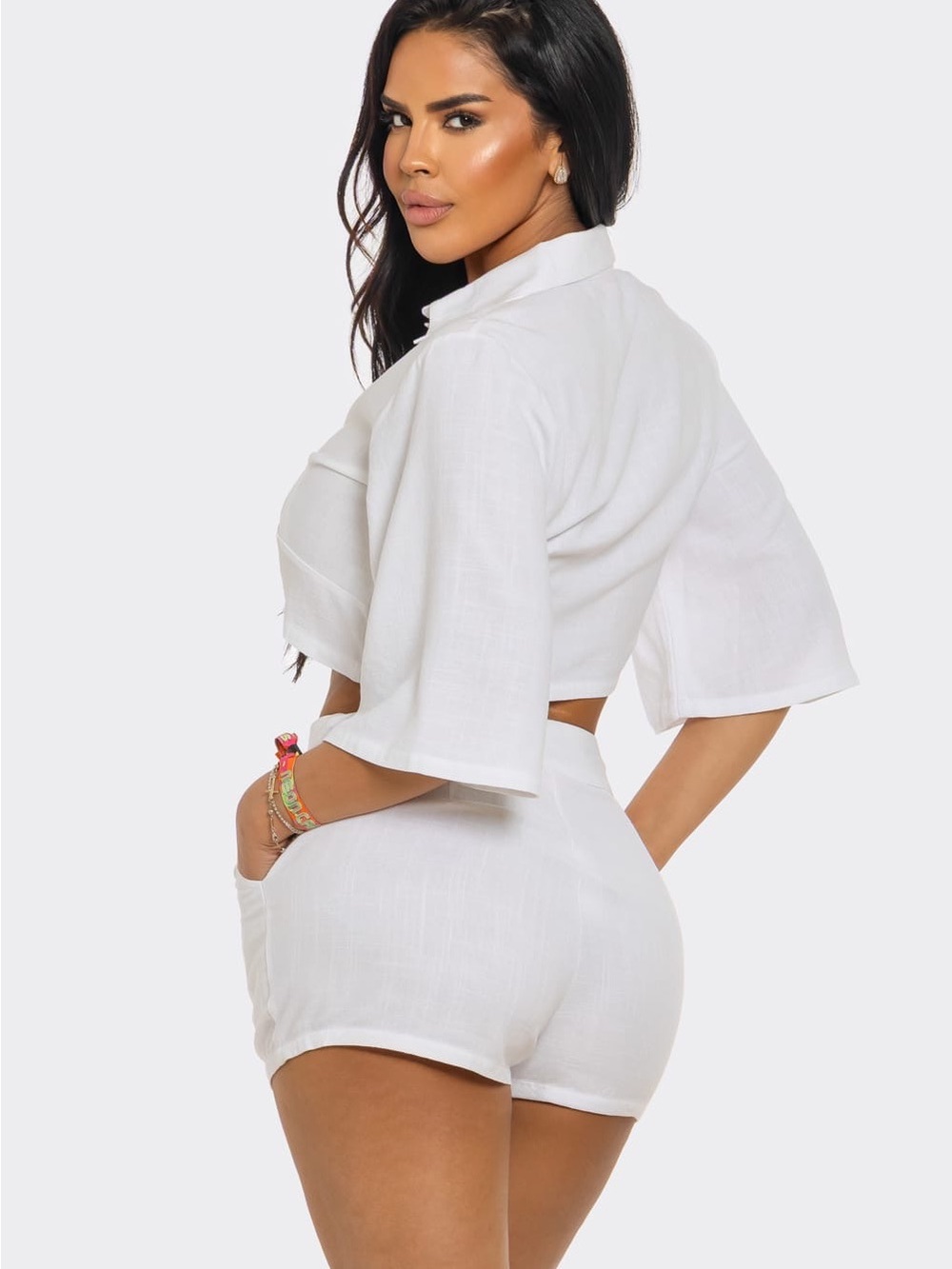 Cropped Button-Front White Linen Set - Picture 5 of 5